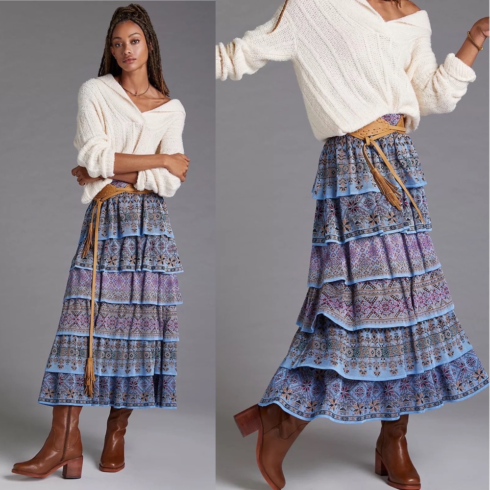 NWT Anthropologie Cecilia Prado Tiered Abstract Maxi Skirt